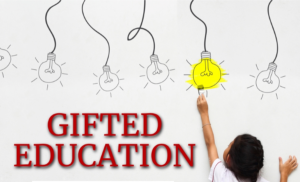 gifted education with lightbulbs and a child turning on a light