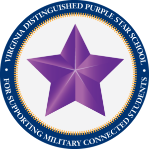 Estrela roxa em anel azul com texto branco lendo "Virginia Distinguished Purple Star School For Support Military Connected Students"