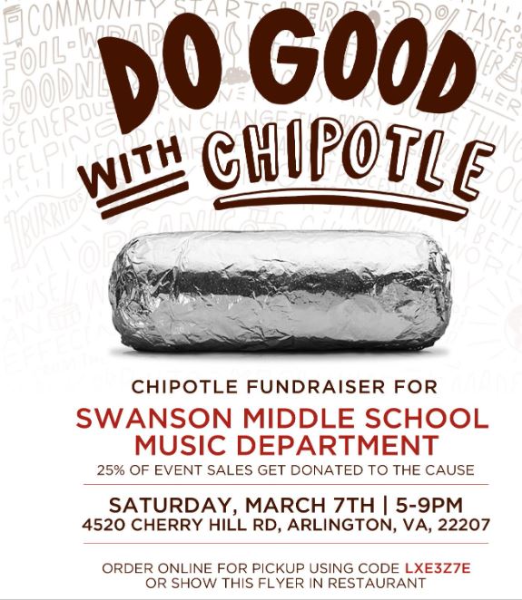 Do Good With Chipotle Fundraiser for Swanson Music Department, Saturday March 7th